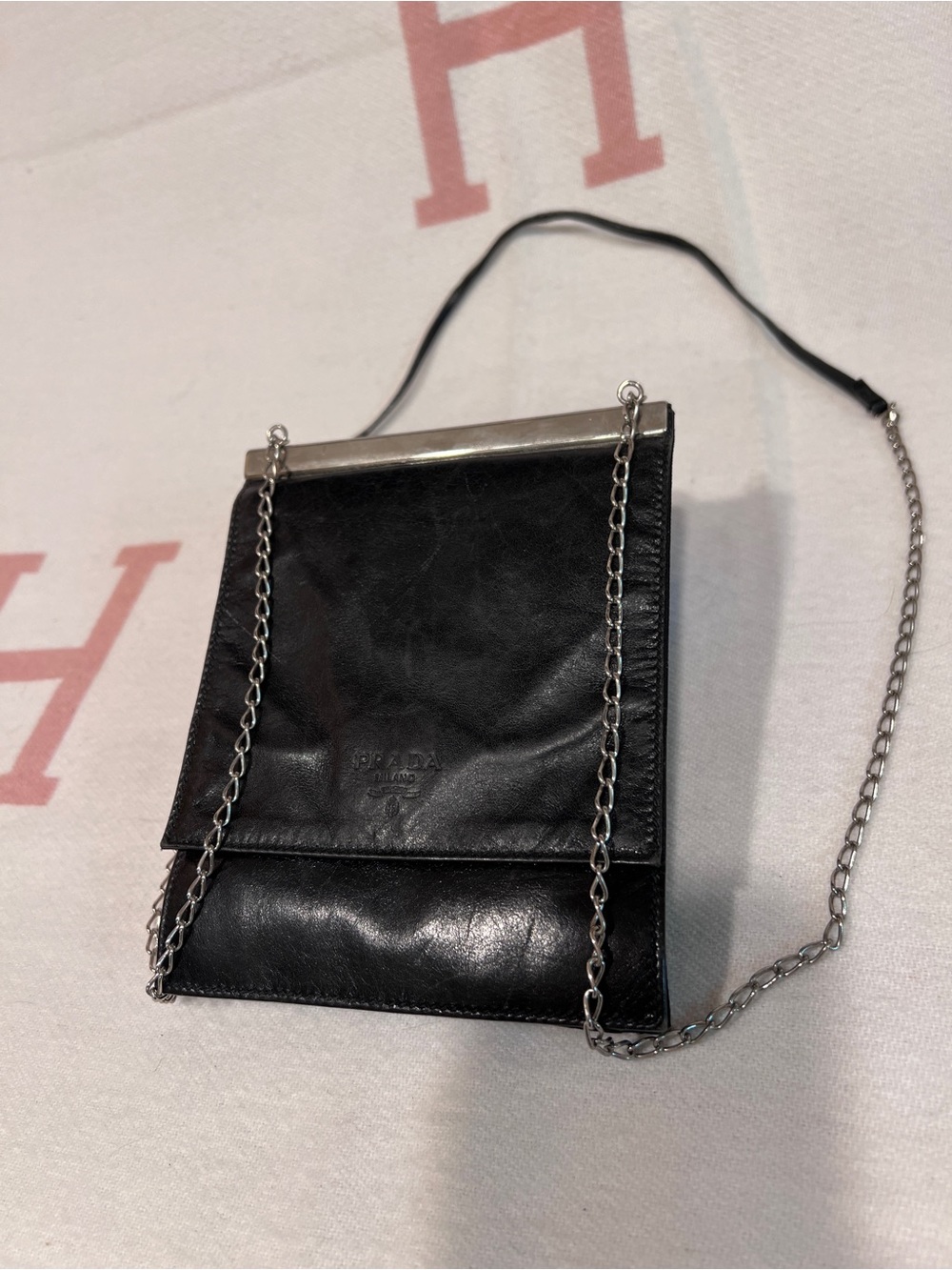 PRADA⭐️RARE VINTAGE Black Leather Chain-Strap Shoulder Bag! - Picture 4 of 14